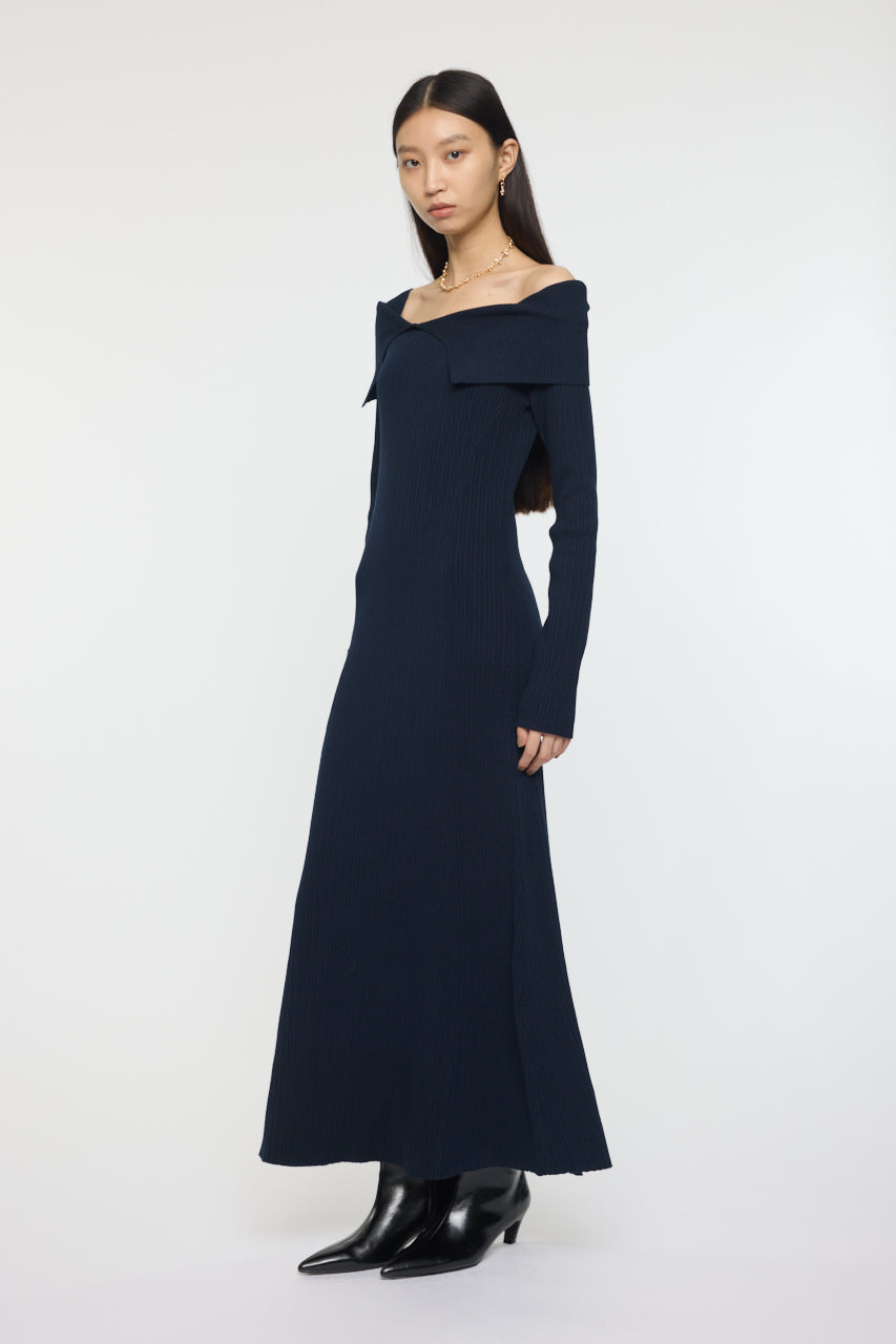 ASYMMETRY COLLAR KNIT DRESS Navy / 1 (S)