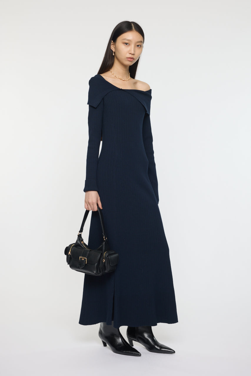 ASYMMETRY COLLAR KNIT DRESS Navy / 1 (S)