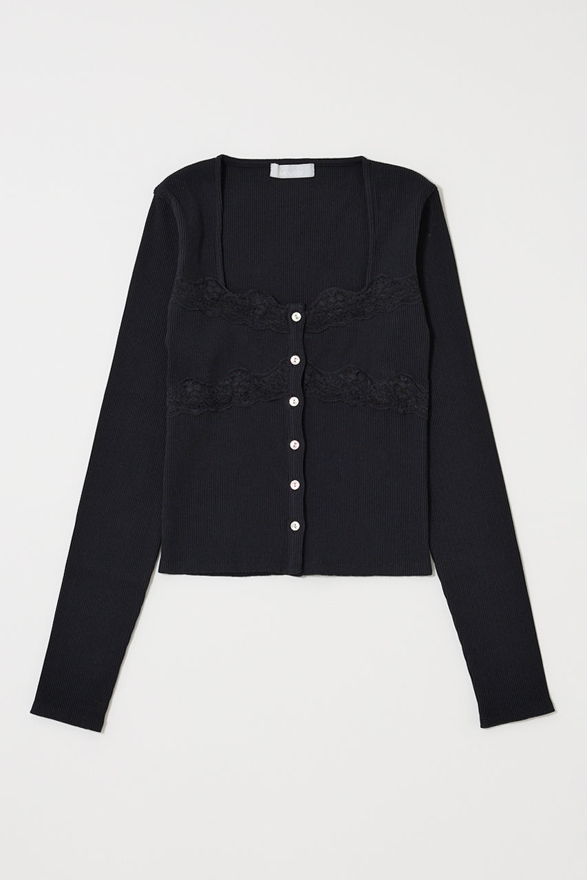 FRONT BUTTON LACY LONG SLEEVE TOP Black / Free