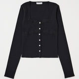 FRONT BUTTON LACY LONG SLEEVE TOP Black / Free