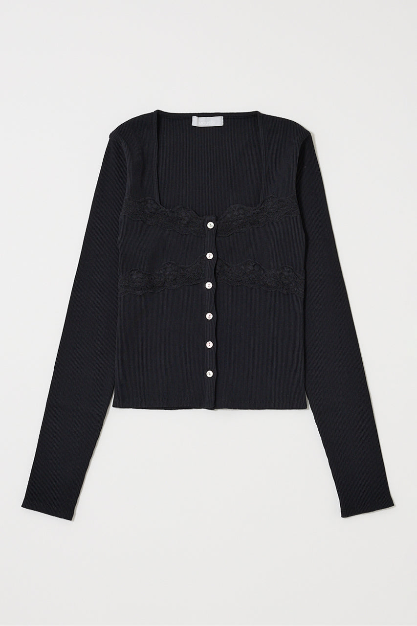 FRONT BUTTON LACY LONG SLEEVE TOP Black / Free