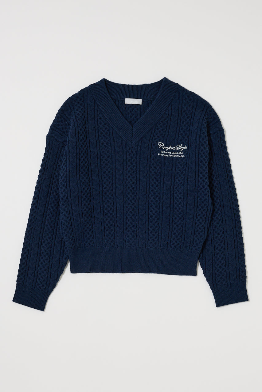 CABLE V NECK KNIT Navy / Free