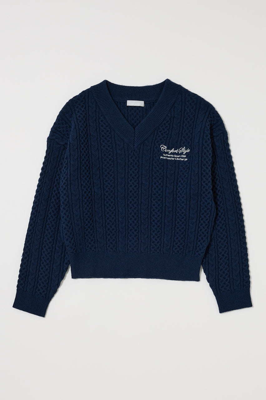 CABLE V NECK KNIT Navy / Free