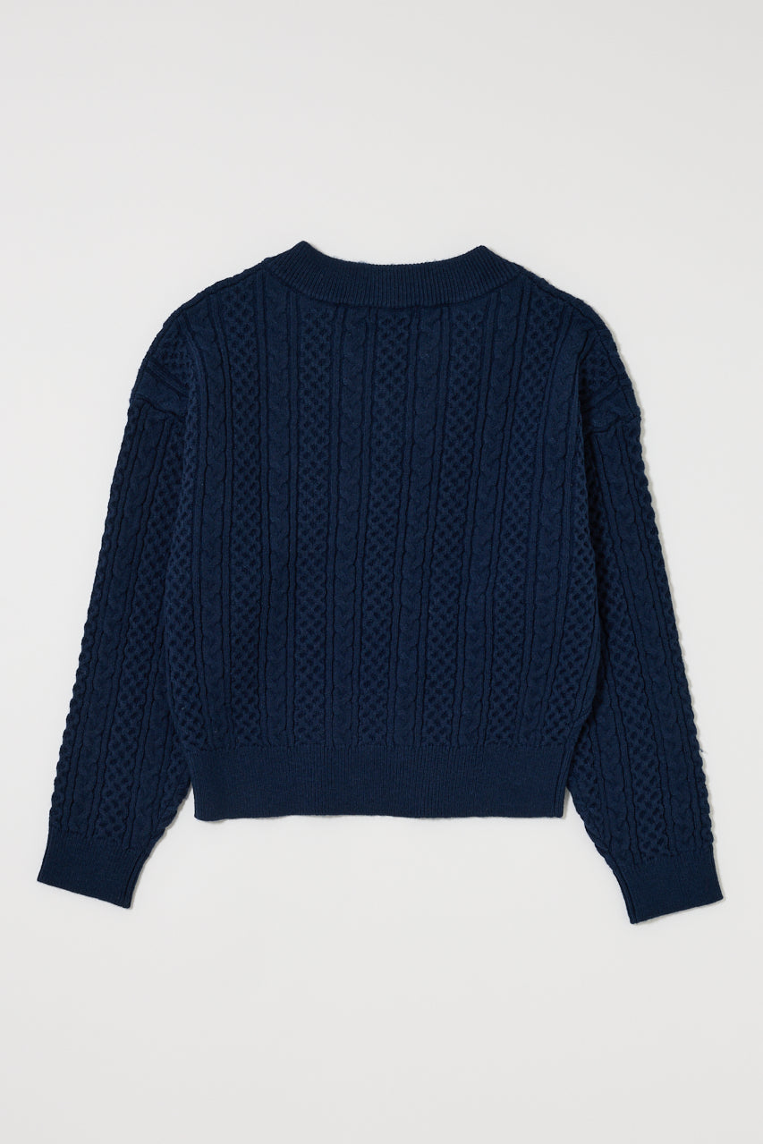 CABLE V NECK KNIT Navy / Free