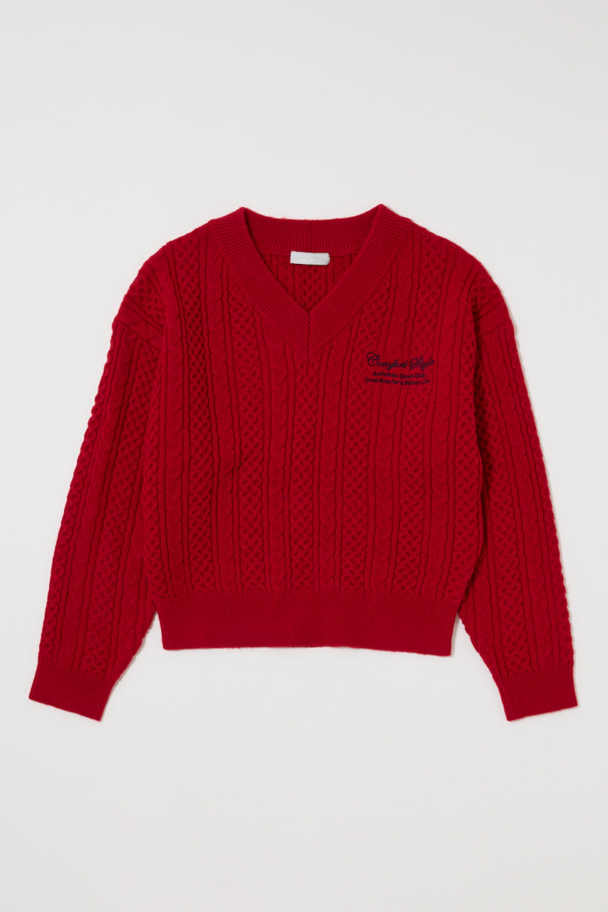 CABLE V NECK KNIT Red / Free