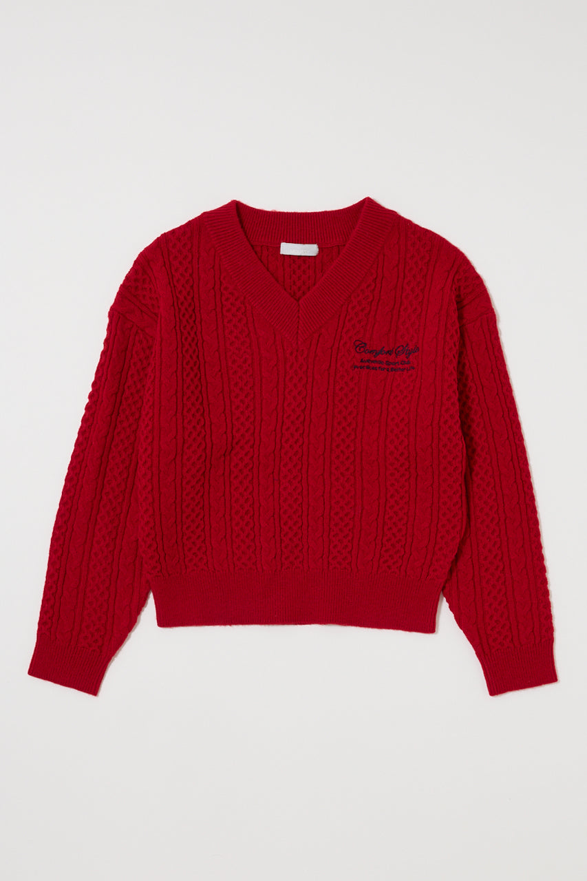 CABLE V NECK KNIT Red / Free