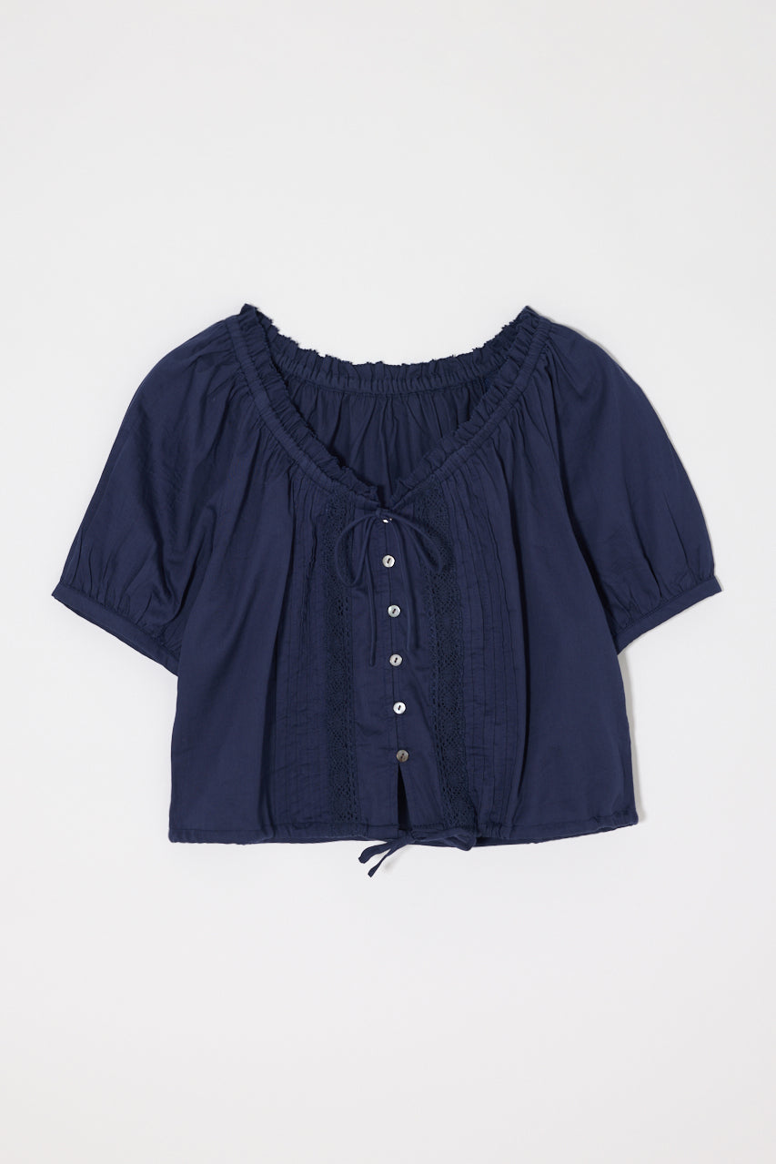 SCOOP NECK PIN TUCK BLOUSE Navy / Free