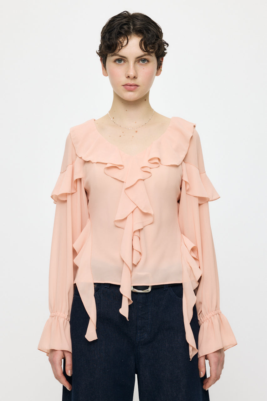 CHIFFON RUFFLE BLOUSE Light Pink / Free