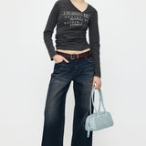 FRONT GATHER DOCKING LONG SLEEVE TOP Light Black / Free