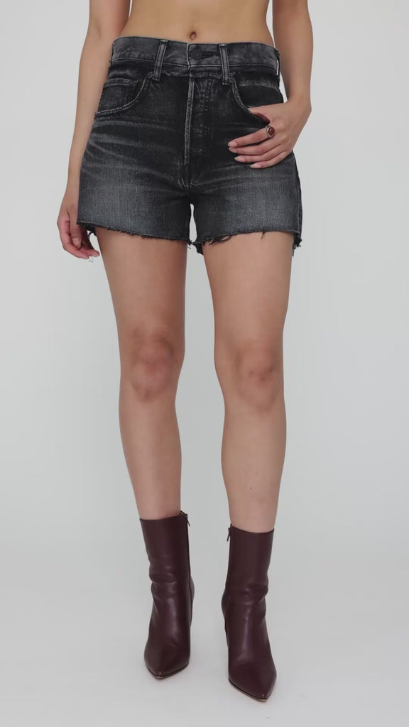 Cecile Crossover Fly Risen Distressed Denim Shorts